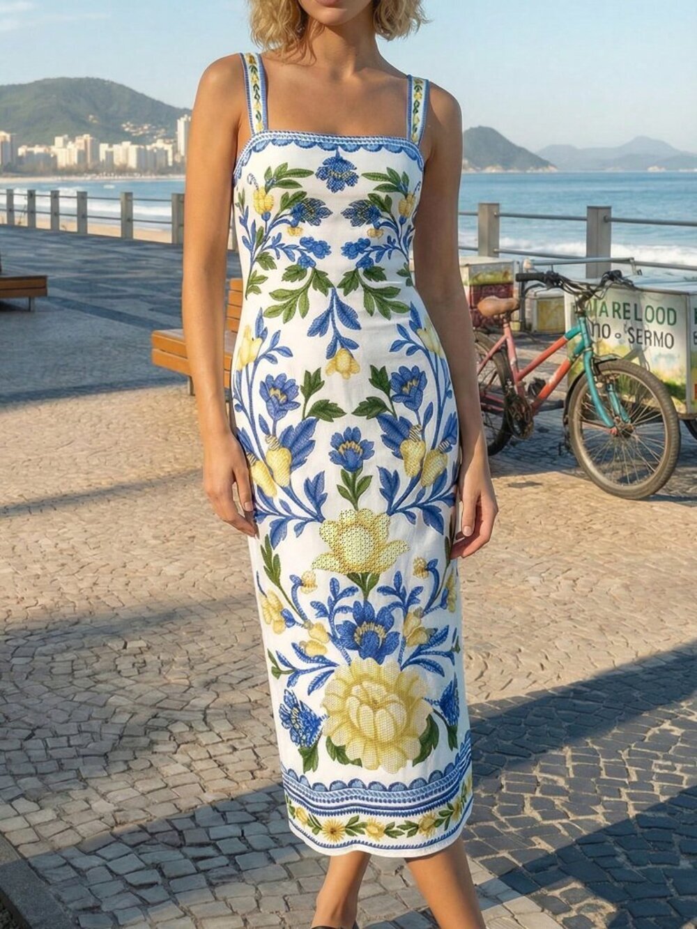 Blue Boho Women's Floral Print Elegant Fitted Spaghetti Strap Vacation Dress - Picture 3 of 5